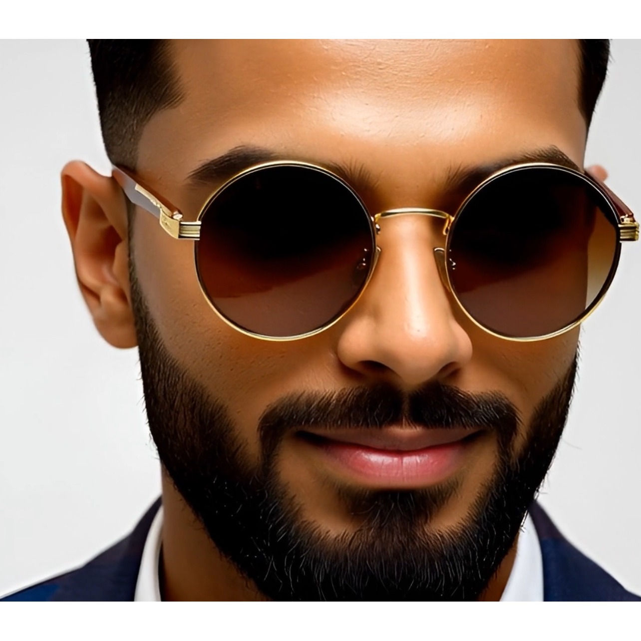 Round Sunglasses Gold Frame Wood Accent Men's Fashion Classic 80's 90's Retro